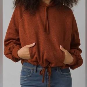 Burnt orange crop Prana hooded sweater, wool/organic cotton/recycled fibers